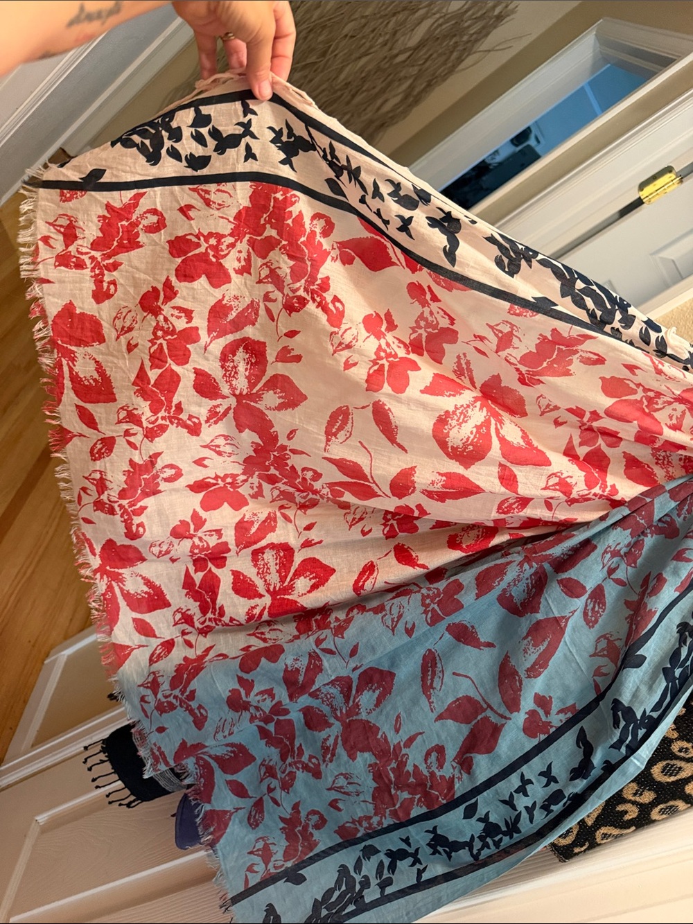 Trades of Hope brand- hand block printed cotFloral Red & Cream Lightweight Scarf - Picture 2 of 5